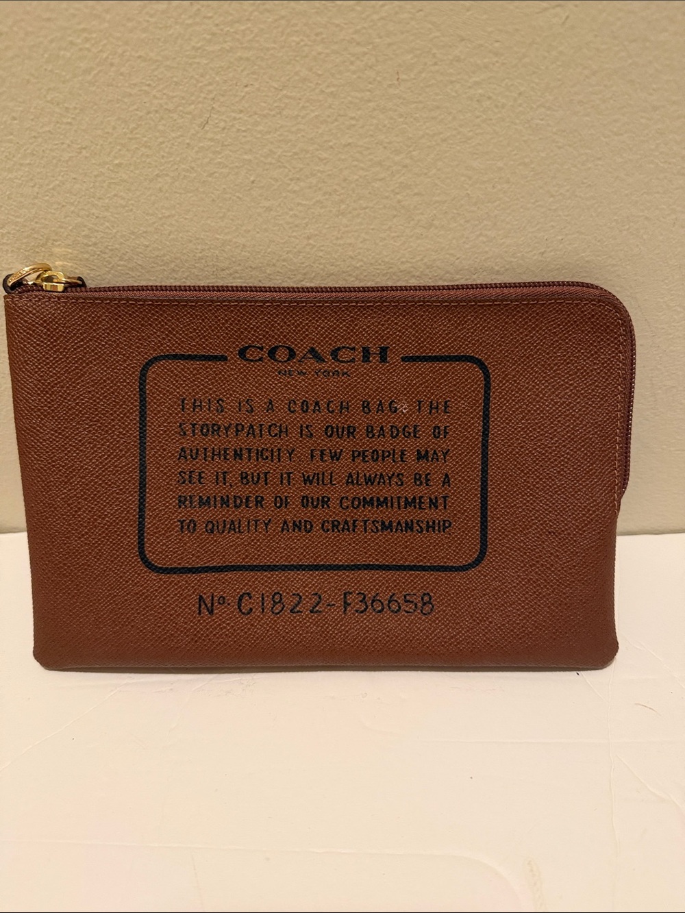 COACH Brown Leather Zip Pouch with Printed Storypatch